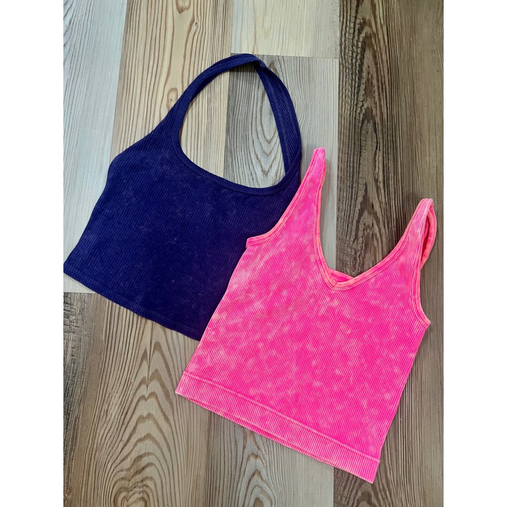 Bundle Acid Wash Small Purple Ribbed Halter & Neon Pink Acid Wash Crop V-Neck
